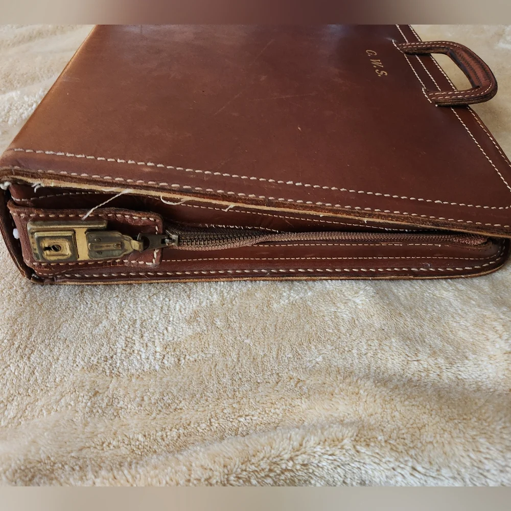 Vintage 1940s 1950s Brown Top Grain Cowhide Leather Portfolio Briefcase by Rexbi